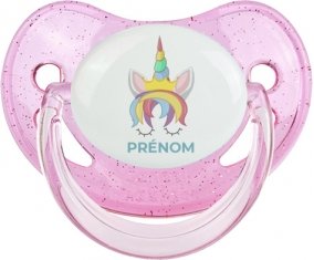 Licorne design-1 avec prénom : Rose à paillette Tétine embout physiologique
