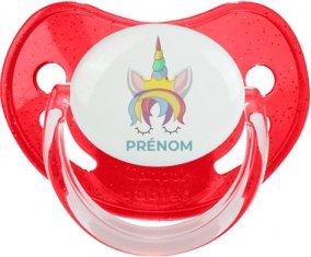 Licorne design-1 avec prénom : Rouge à paillette Tétine embout physiologique
