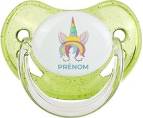 Licorne design-1 avec prénom : Vert à paillette Tétine embout physiologique