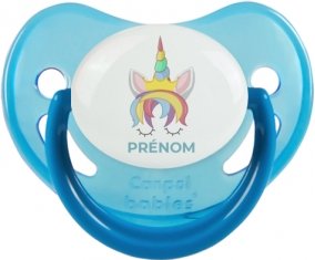 Licorne design-1 avec prénom : Bleue phosphorescente Tétine embout physiologique