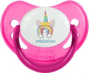 Licorne design-1 avec prénom : Rose phosphorescente Tétine embout physiologique