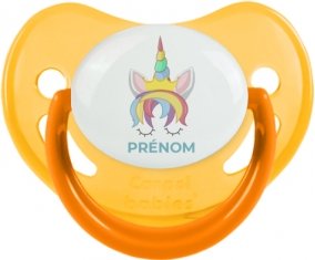 Licorne design-1 avec prénom : Jaune phosphorescente Tétine embout physiologique