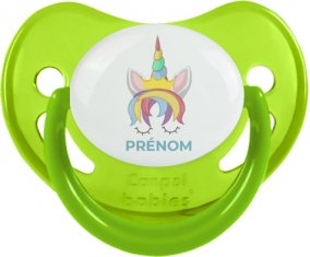 Licorne design-1 avec prénom : Vert phosphorescente Tétine embout physiologique