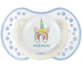Licorne design-1 avec prénom : Blanc-cyan classique Tétine embout Lovi Dynamic