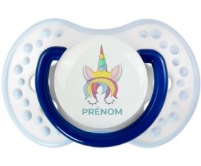 Licorne design-1 avec prénom : Marine-blanc-bleu classique Tétine embout Lovi Dynamic