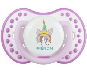 Licorne design-1 avec prénom : Blanc-mauve classique Tétine embout Lovi Dynamic