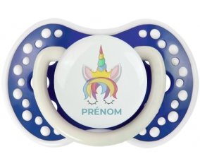 Licorne design-1 avec prénom : Bleu-marine phosphorescente Tétine embout Lovi Dynamic
