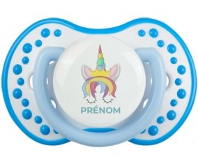 Licorne design-1 avec prénom : Blanc-bleu phosphorescente Tétine embout Lovi Dynamic