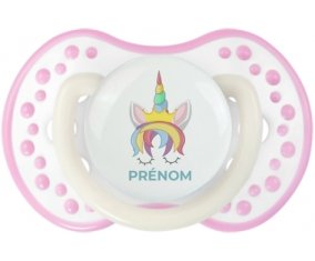 Licorne design-1 avec prénom : Blanc-rose phosphorescente Tétine embout Lovi Dynamic