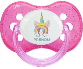 Licorne design-1 avec prénom : Rose à paillette Tétine embout cerise