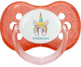 Licorne design-1 avec prénom : Rouge à paillette Tétine embout cerise
