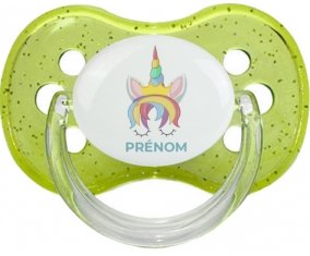Licorne design-1 avec prénom : Vert à paillette Tétine embout cerise