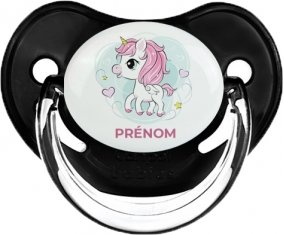Poney rose cœur avec prénom : Noir classique Tétine embout physiologique