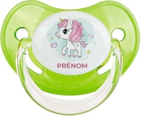 Poney rose cœur avec prénom : Vert classique Tétine embout physiologique