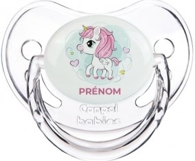 Poney rose cœur avec prénom : Transparent classique Tétine embout physiologique