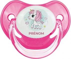 Poney rose cœur avec prénom : Rose classique Tétine embout physiologique