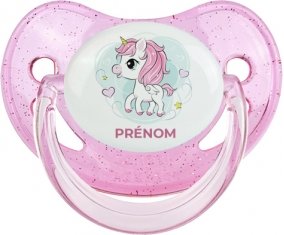 Poney rose cœur avec prénom : Rose à paillette Tétine embout physiologique