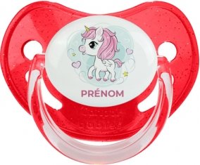 Poney rose cœur avec prénom : Rouge à paillette Tétine embout physiologique