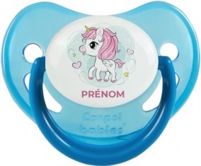 Poney rose cœur avec prénom : Bleue phosphorescente Tétine embout physiologique