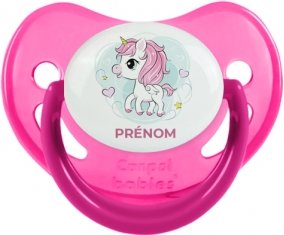 Poney rose cœur avec prénom : Rose phosphorescente Tétine embout physiologique