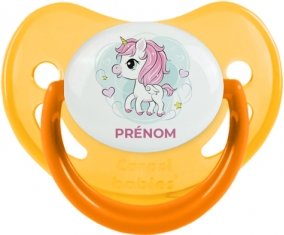 Poney rose cœur avec prénom : Jaune phosphorescente Tétine embout physiologique