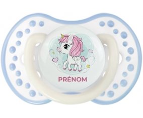Poney rose cœur avec prénom : Blanc-cyan classique Tétine embout Lovi Dynamic