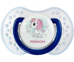 Poney rose cœur avec prénom : Marine-blanc-bleu classique Tétine embout Lovi Dynamic
