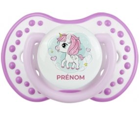 Poney rose cœur avec prénom : Blanc-mauve classique Tétine embout Lovi Dynamic