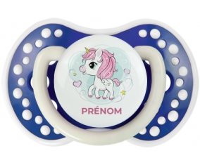 Poney rose cœur avec prénom : Bleu-marine phosphorescente Tétine embout Lovi Dynamic