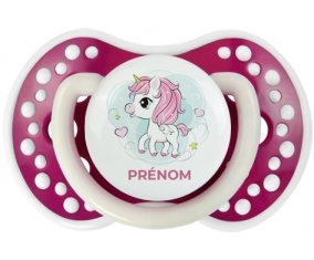 Poney rose cœur avec prénom : Fuchsia phosphorescente Tétine embout Lovi Dynamic