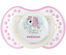 Poney rose cœur avec prénom : Blanc-rose phosphorescente Tétine embout Lovi Dynamic
