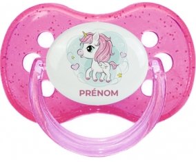 Poney rose cœur avec prénom : Rose à paillette Tétine embout cerise