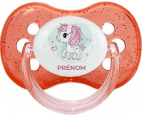 Poney rose cœur avec prénom : Rouge à paillette Tétine embout cerise