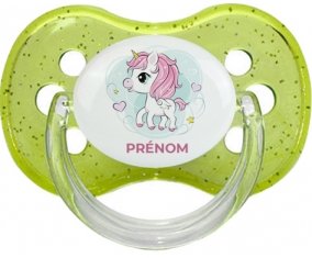 Poney rose cœur avec prénom : Vert à paillette Tétine embout cerise
