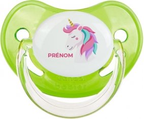 Licorne design-2 avec prénom : Vert classique Tétine embout physiologique