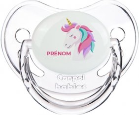Licorne design-2 avec prénom : Transparent classique Tétine embout physiologique