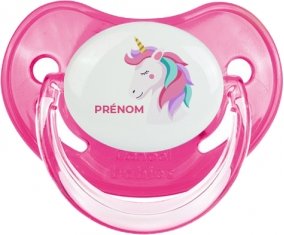 Licorne design-2 avec prénom : Rose classique Tétine embout physiologique