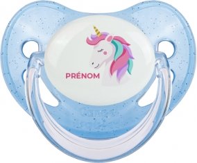 Licorne design-2 avec prénom : Bleue à paillette Tétine embout physiologique