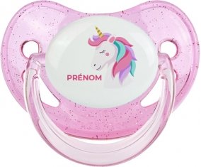 Licorne design-2 avec prénom : Rose à paillette Tétine embout physiologique