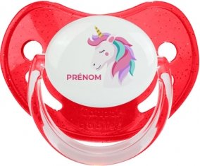 Licorne design-2 avec prénom : Rouge à paillette Tétine embout physiologique