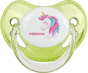 Licorne design-2 avec prénom : Vert à paillette Tétine embout physiologique