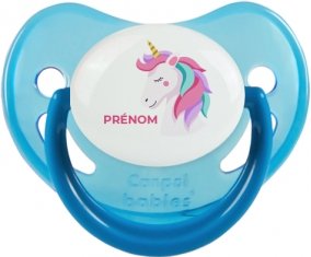 Licorne design-2 avec prénom : Bleue phosphorescente Tétine embout physiologique