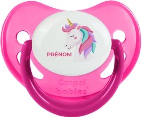 Licorne design-2 avec prénom : Rose phosphorescente Tétine embout physiologique