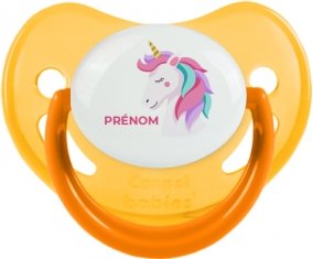 Licorne design-2 avec prénom : Jaune phosphorescente Tétine embout physiologique