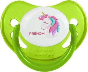 Licorne design-2 avec prénom : Vert phosphorescente Tétine embout physiologique