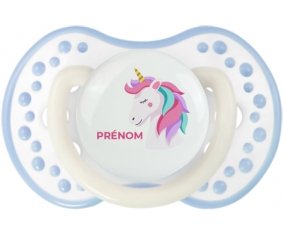 Licorne design-2 avec prénom : Blanc-cyan classique Tétine embout Lovi Dynamic