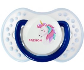 Licorne design-2 avec prénom : Marine-blanc-bleu classique Tétine embout Lovi Dynamic