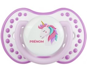 Licorne design-2 avec prénom : Blanc-mauve classique Tétine embout Lovi Dynamic