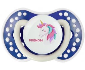Licorne design-2 avec prénom : Bleu-marine phosphorescente Tétine embout Lovi Dynamic