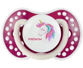 Licorne design-2 avec prénom : Fuchsia phosphorescente Tétine embout Lovi Dynamic